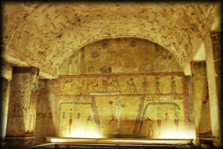 In the Valley of the Kings, the tombs are still vibrantly decorated with paintings over 3500 years old.  Here, the Royal Barque heading off for the underworld.