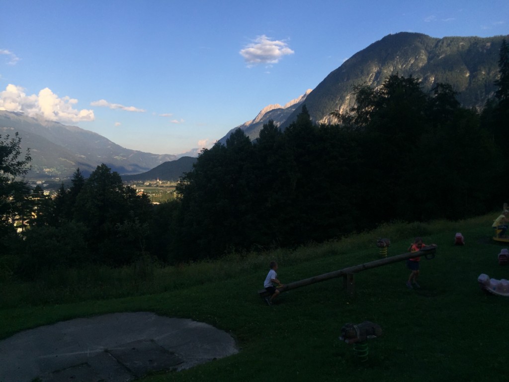 At our hotel, the kids were playing while we sat and had some delicious Austrian wine on a patio overlooking the playground and the view of the mountains.  Heaven!  Thank you Gribelehof Hotel :)