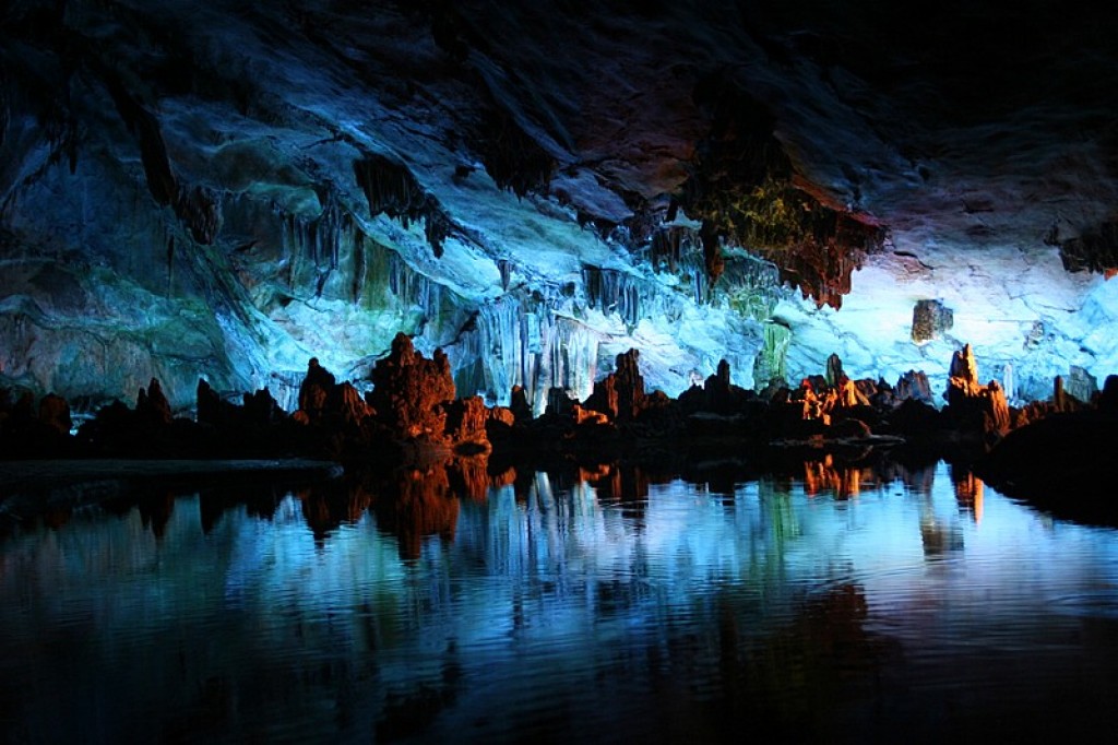 Reed Flute Park, Reed Flute Cave.  Formed nearly one million years ago, and the only place in Guilin that was a reasonable temperature.  The Let's Go talked about "garish neon lights, at times making the cave appear more like a movie set than anything else."  We weren't disappointed.