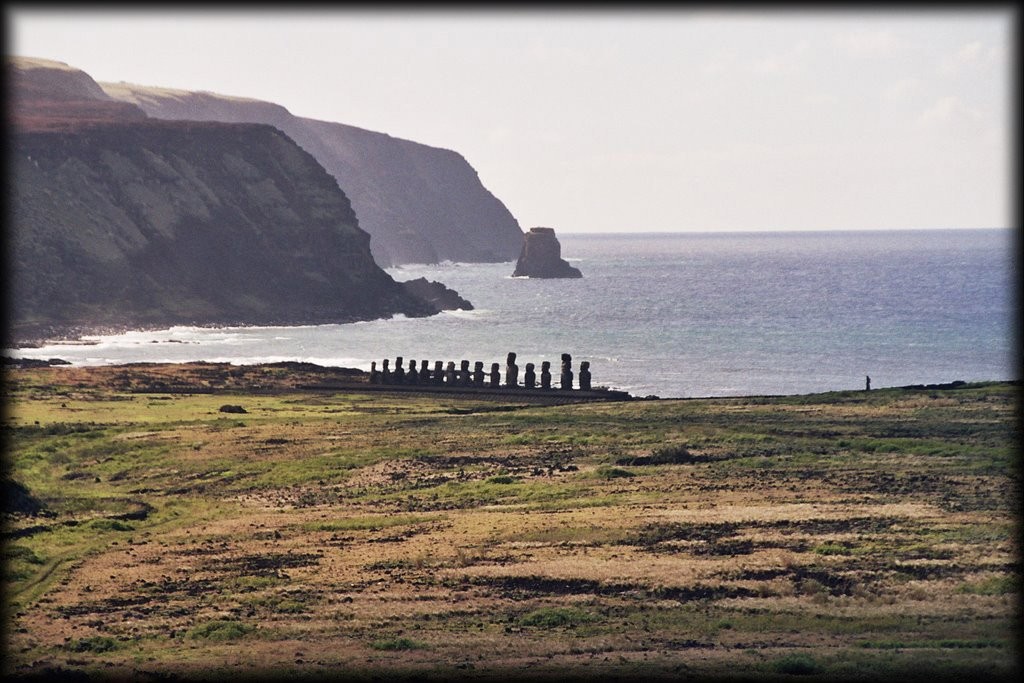 Looking towards Moai Tongariki from the top of Rano Raraku.