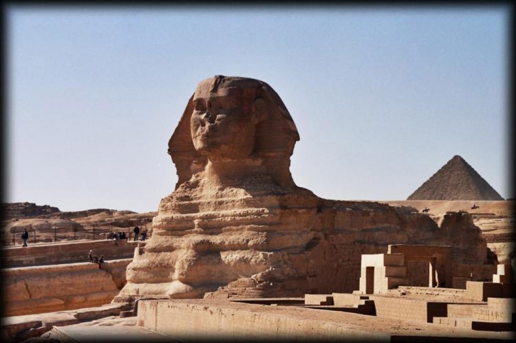 A view of the Sphinx from the Avenue of the Pyramids.