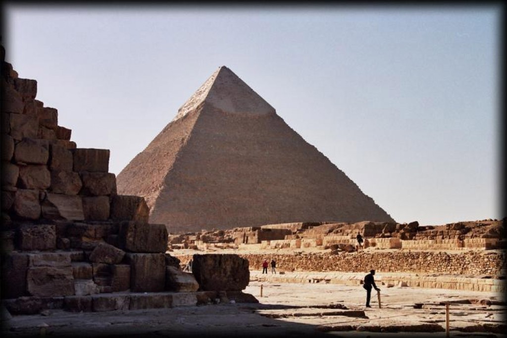 The Pyramid of Khafre sits behind Khufu's Pyramid.