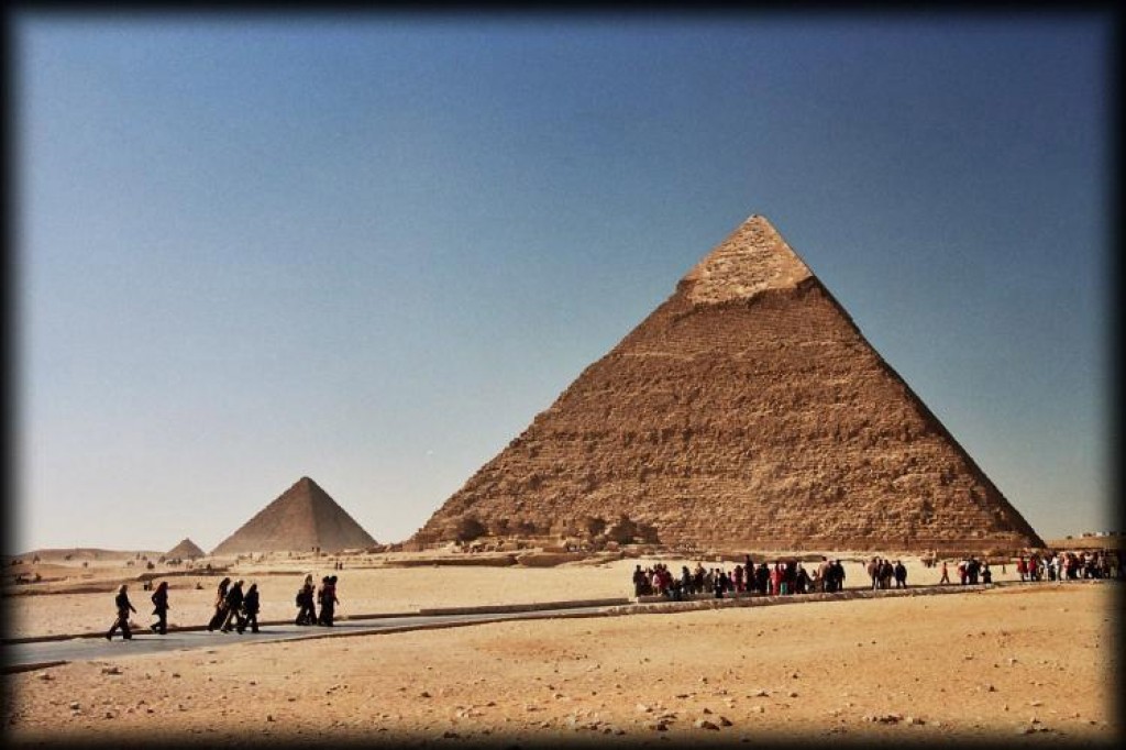 We visited the Pyramids of Giza outside of Cairo.  Here is the must-have photo of the three pyramids all lined up.  The cloest pyramid is the Great Pyramid, or Khufu's Pyramid.  Immediately behind it is the Pyramid of Khafre, followed by the smaller Pyramid of Menkaure.  The Avenue of the Pyramids leads down from the Plateau to the Sphinx.
