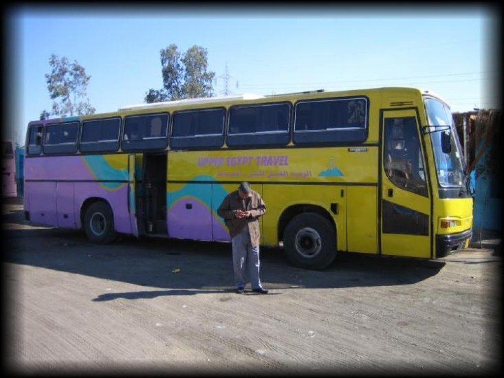 This is the Upper Egypt Travel bus we took from Hurghada into Luxor, after Sharm-el-Sheikh.  The bus was in pretty rough shape.  My seat had no back spring, so if I leaned back it would fall over on the person behind me.  The front door was broken, and the back door had to be forced closed with an iron bar while the bus was moving.