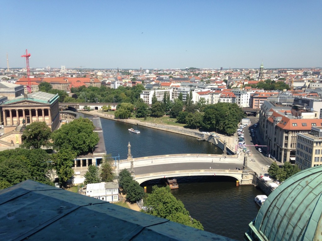 Looking towards Museum Island and Mon-Bijoubrücke from the top of the Berliner Dom. 