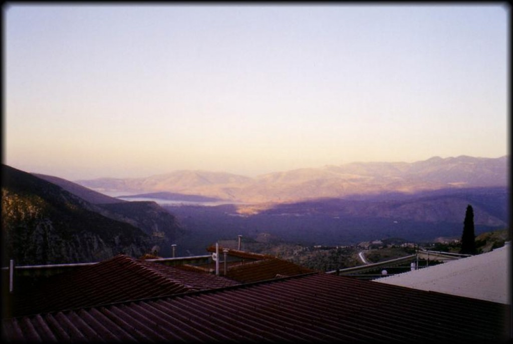 Our first stop in Greece was Delphi. We had arrived the previous evening after a wild bus trip the previous evening.  We got up first thing in the morning to take advantage of the precious cool morning hours and got this picture of the sunrise.