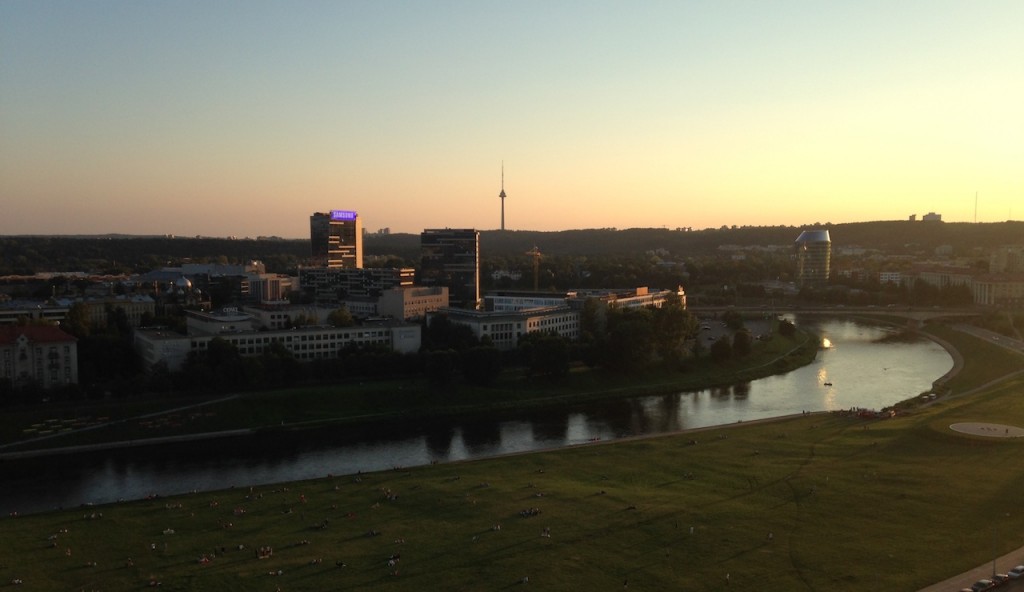 Sunset view over the Neris River towards the TV Tower.