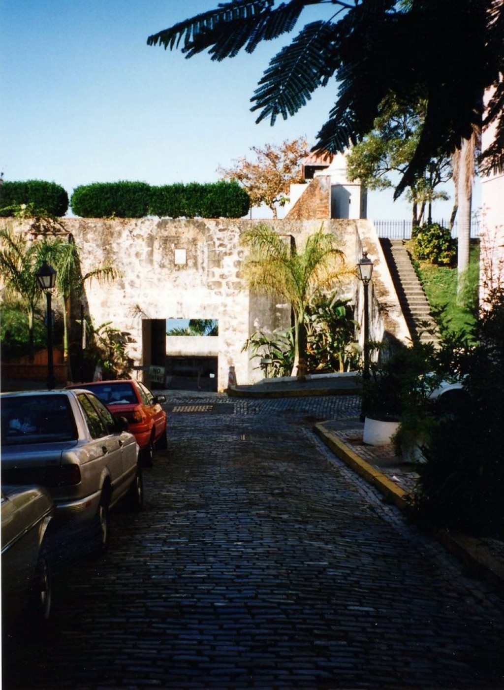 Blue cobblestoned street in San Juan made from ships' ballast