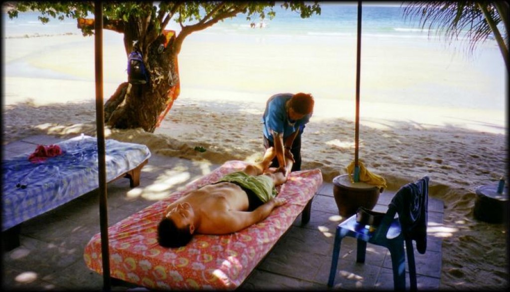 Thai Massage on the beach, 1 hour for $7.50 for two of us.