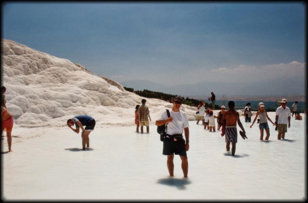 Next we headed for Pamukkale / Herapolis. Calcite-laden waters tumble over cliffs forming a series of terraced basins.  Too bad the tourists and development wrecked it.