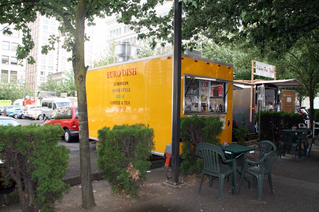 The food stalls at SW 10th and SW Alder including Euro Dish