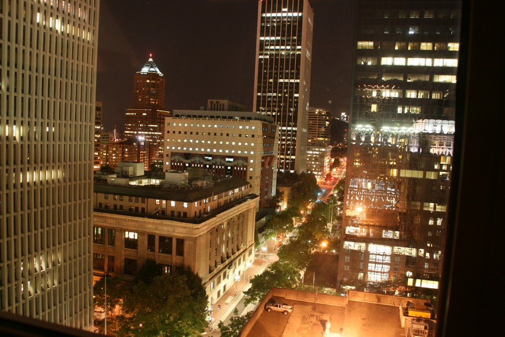 A view downtown from our hotel room at night