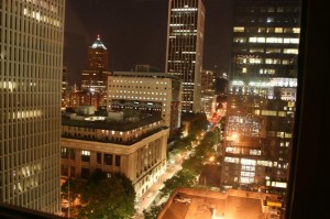 Night View of downtown towards Portlandia and the Portland Building from our room at the Hilton