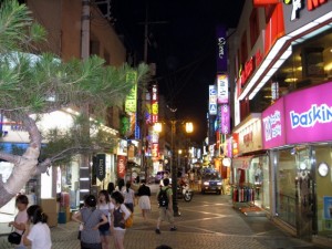 The downtown pedestrian area at night.