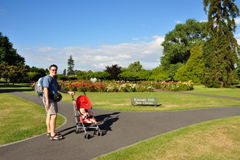 Exploring the rose garden in Rotorua with our light weight UppaBaby G-Lite umbrella stroller.