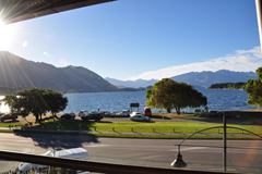 The balcony of The Reef Seafood Restaurant & Bar frames the beautiful view of Lake Wanaka