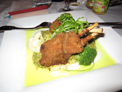 Overcooked vegetables accompany the heavily breaded rack of lamb at the Blue Ice Cafe, Franz Josef
