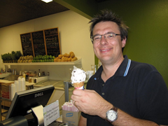 Ian enjoying one of Fruta's more traditional ice cream flavors - chocolate chip.