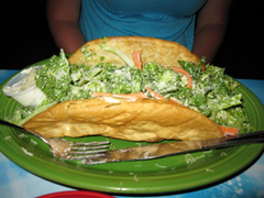 Can you spot the cheese?  No, the beans aren't buried at the bottom, either.  Sorry excuse for a Taco Salad at Senor Frogs restaurant.