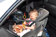 Keeping busy in the car with her Learning Curve First Keys Teether safely attached with the trusty Sassy Links.  Of course, since this was in New Zealand, a stuffed kiwi joined the crowd. 