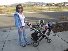 UPPAbaby Vista stroller with the RumbleSeat on and the car seat facing me.  Enough room for our toddler, but not a ton of space.