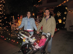 Out enjoying Christmas lights, this time with the UPPAbaby Vista stroller RumbleSeat on and the car seat flipped around so it's facing it.  Much more room for our toddler - plus, you can see her while pushing the stroller.  The RumbleSeat really makes the Vista into a great double stroller!