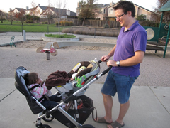 Out at the park - notice how there's still room in the UPPAbaby Vista stroller basket for my purse, snacks and a couple of blankets even with the RumbleSeat on.