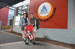 Outside our first youth hostel as a family!  All the baby's things, including the Phil & Ted's Travel Cot, are all in Wendy's backpack along with all of her stuff - not bad!